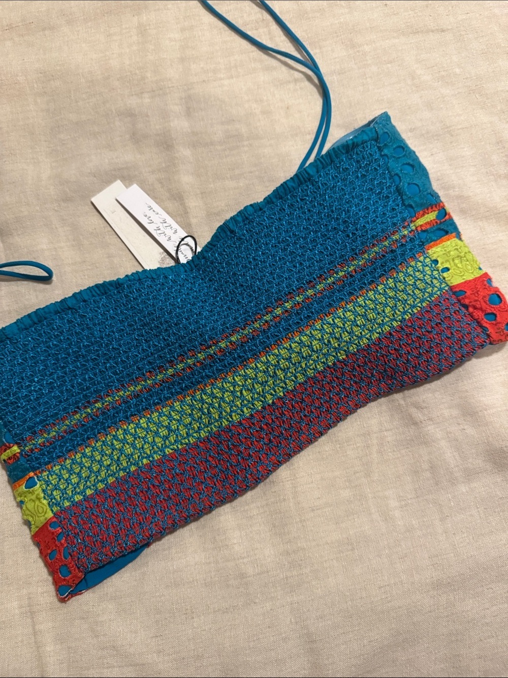 Alice + Olivia Teal Bandeau Top with Red and Lime Eyelet Panels - Picture 4 of 6